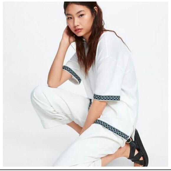 Zara White V Neck Embroidered Boxy Top Size Small - Picture 10 of 10